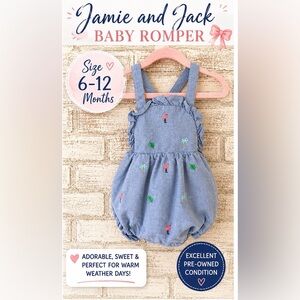 Janie and Jack Chambray Romper with Embroidered Flamingos - Blue